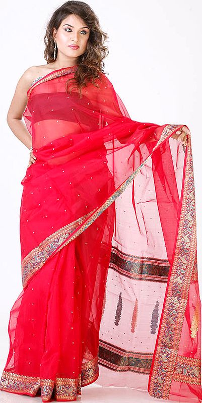 Bridal Red Chanderi Sari with Golden Bootis and Brocaded Border