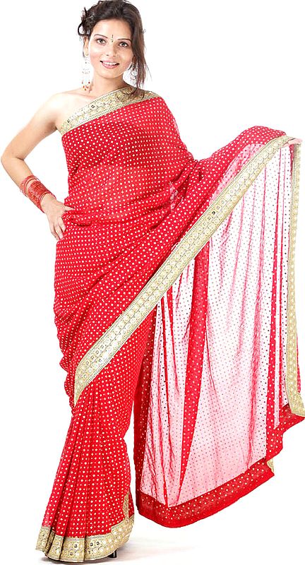Bridal Red Sari with All-Over Painted Bootis in Gold and Silver