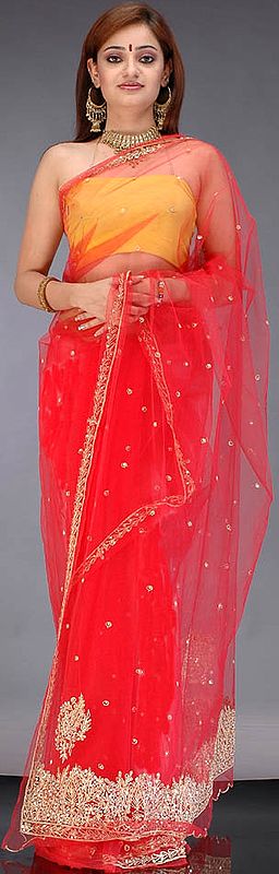 Bridal Red See-Through Sari with Sequins and Threadwork