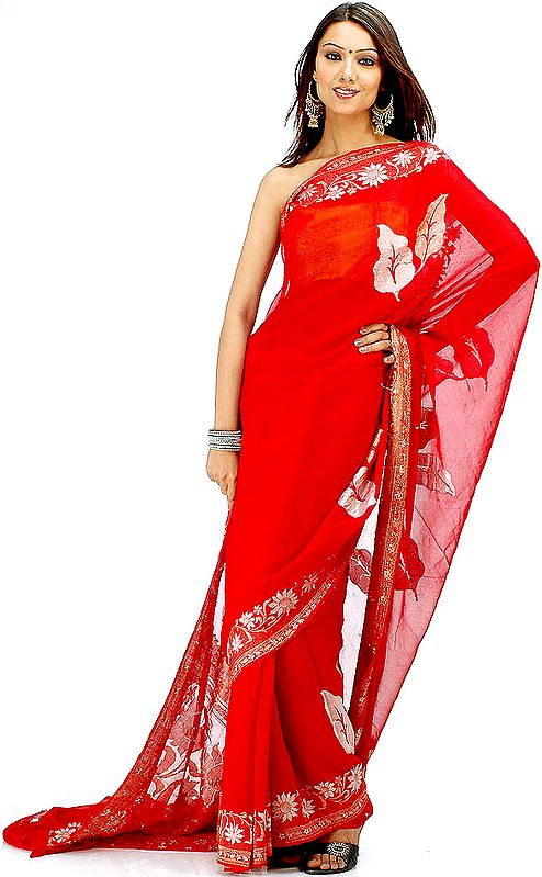 Bridal-Red Handwoven Sari with Golden and Silver Thread Weave