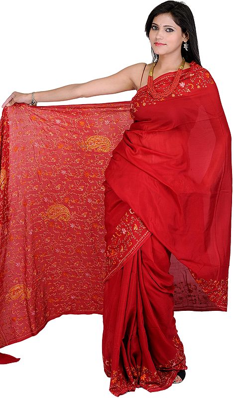 Bridal-Red Sari from Kashmir with Intricate Sozni Embroidery by Hand on Anchal and Border