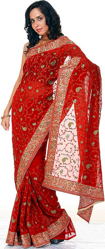 Bridal-Red Sari with Needle Embroidery All-Over