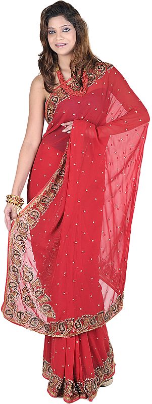 Bridal-Red Sari with Zardozi Embroidered Paisleys on Border and All-Over Bootis