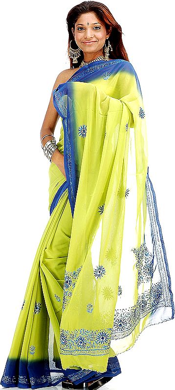 Bright Green and Blue Sari with Sequins and Threadwork