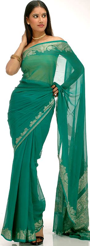 Bright Green Sari with Silver and Golden Zari