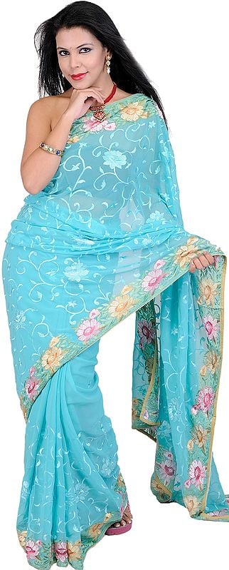 Bright-Aqua Sari with Parsi Embroidered Flowers All-Over