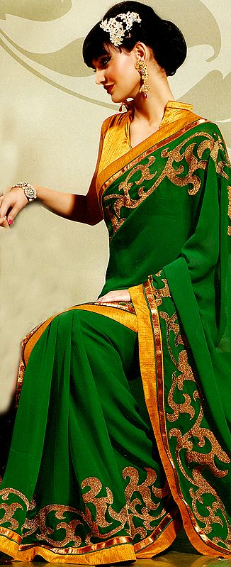 Bright-Green Designer Sari with Golden Thread Weave and Patch Border