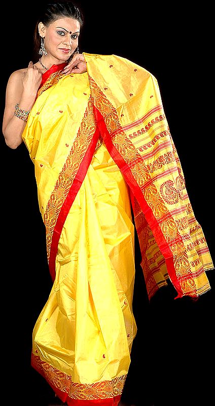 Bright-Yellow Hand-woven Garad Sari from Bengal with Woven Paisleys on Anchal