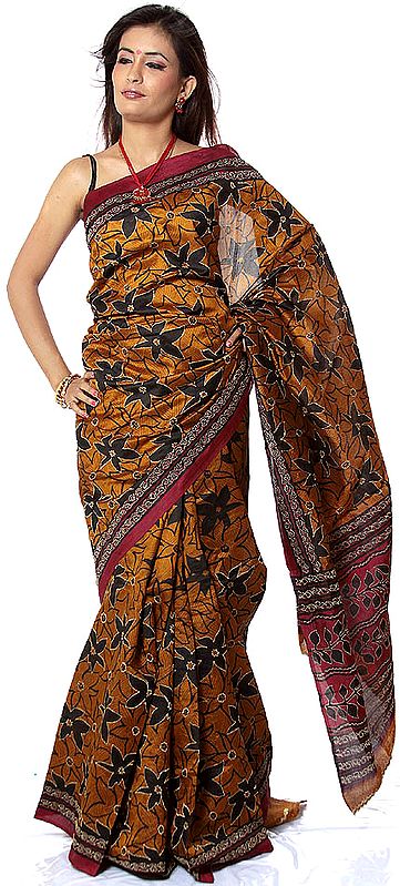 Brown and Black Floral Printed Sari from Kolkata with Sequins and Golden Threadwork