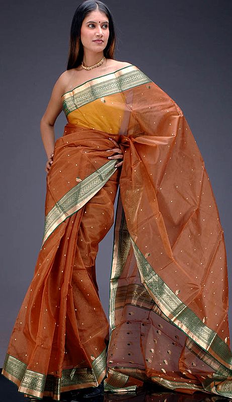 Brown and Green Chanderi Sari with Golden Bootis