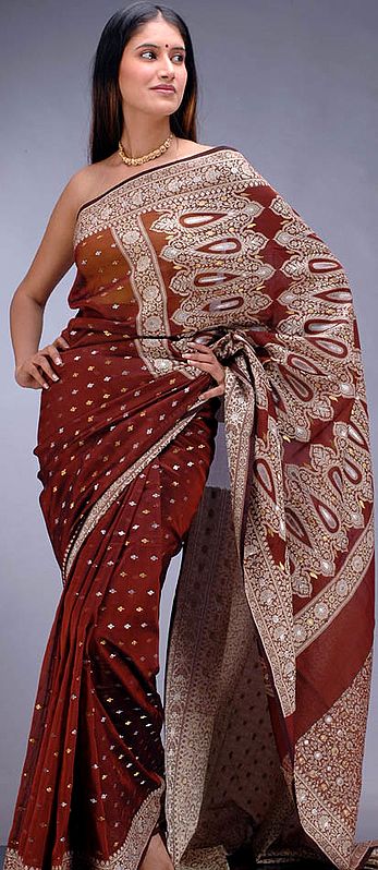 Brown Banarasi Sari with All-Over Bootis