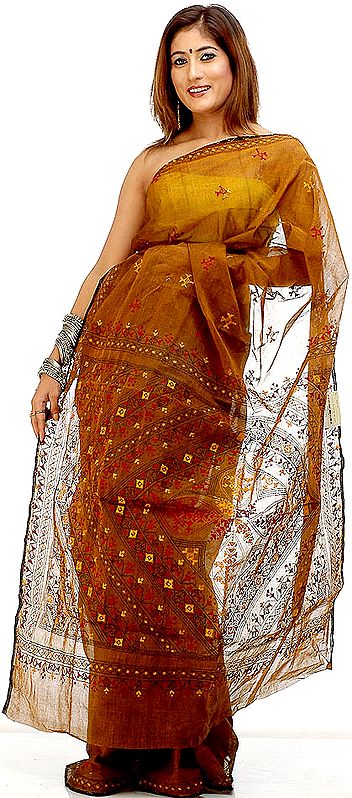 Brown Cotton Sari with Kantha Stitch