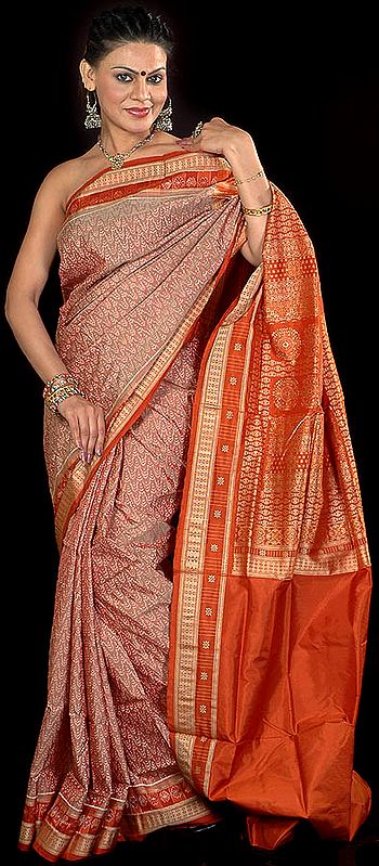 Brown Double Ikat Designer Sambalpuri Sari Hand-Woven in Orissa