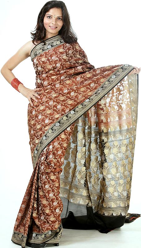 Brown Floral Jamdani Sari with All Over Weave