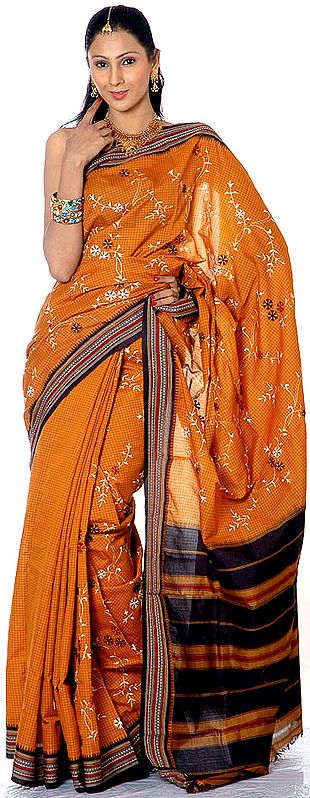 Brown Kanji Cotton Sari with Checks and Crewel Embroidery