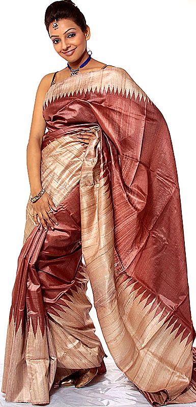 Brown Kosa Silk Sari from Jharkhand with Giant Temple Weave