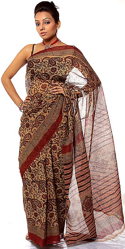 Brown Kota Doria Sari with All-Over Printed Paisleys