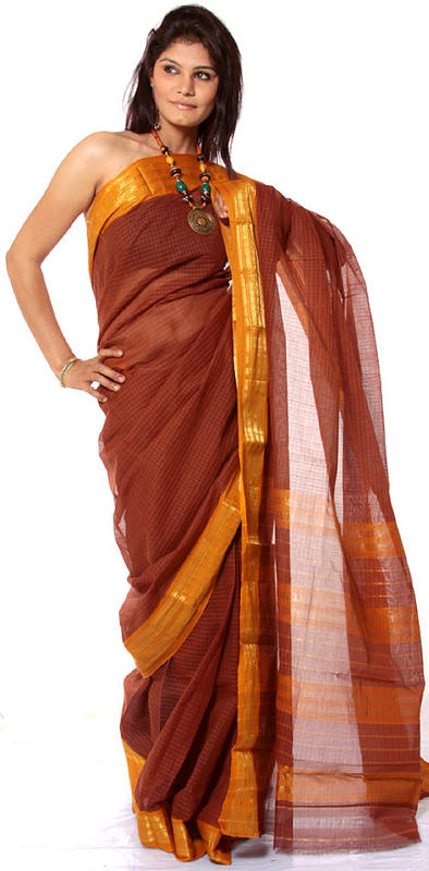 Brown Narayanpet Sari with Checks