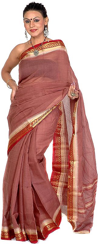 Brown Narayanpet Sari with Fine Checks