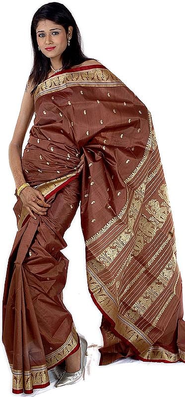 Brown Sari from Bengal with Baluchari Anchal Depicting a Sitar Player