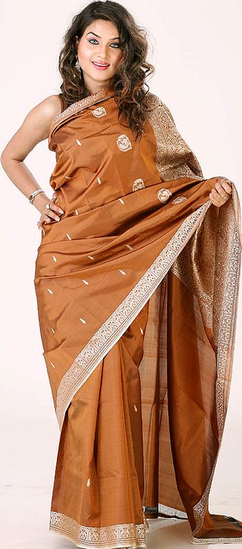 Brown Sari from Kolkata with Woven Peacocks