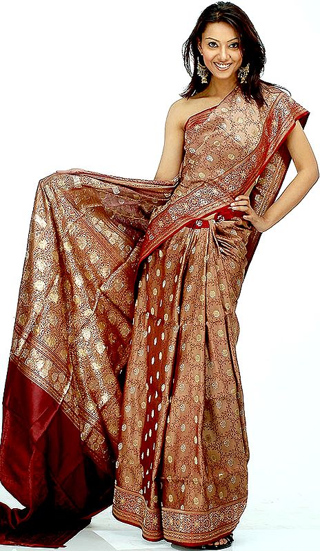 Brown Tanchoi Sari with All-Over Weave
