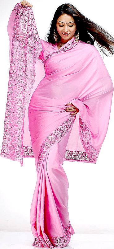 Bubble Pink Satin Sari with Floral Net Pallu