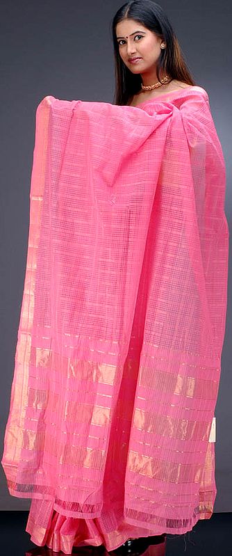 Bubble-Pink Mangalgiri Sari with Golden Thread Work