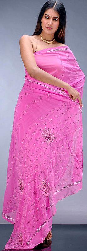 Bubble-Pink Sari with Thread-Work and Sequins