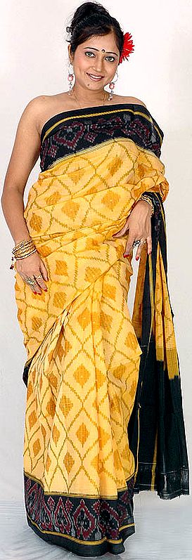 Buff and Black Ikat Sari from Pochampally