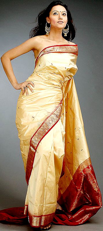 Buff and Maroon Bangalore Silk Sari with Golden Zari Weave on Border