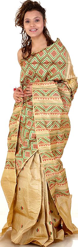 Buff Hand-Woven Moonga Silk Sari from Assam