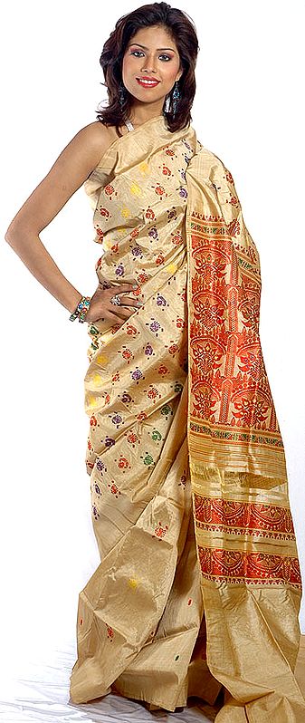 Buff Hand-Woven Moonga Silk Sari from Assam with Multi-Color Bootis