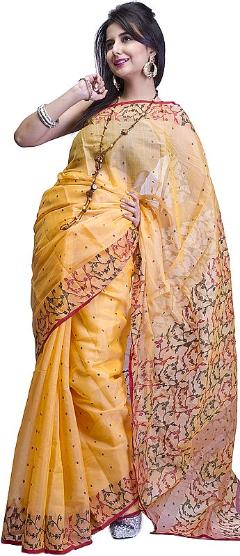 Buff-Orange Chanderi Sari with All-Over Bootis and Jaal Weave on Anchal