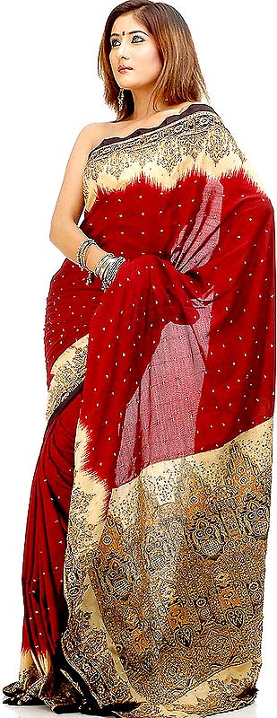Burgundy and Ivory Printed Sari with Beads and Threadwork