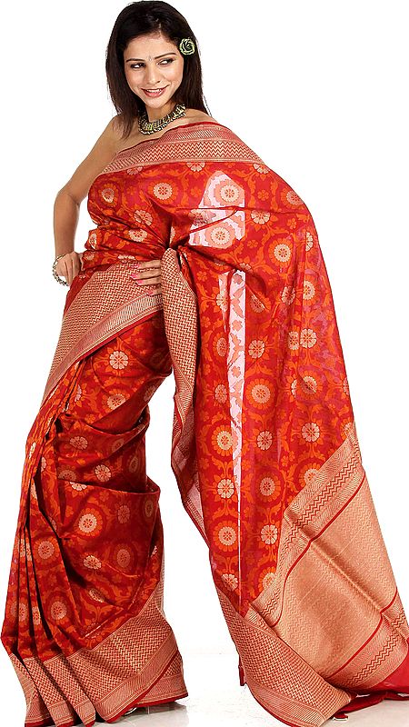 Burgundy and Rust Handloom Sari from Banaras with Flowers Woven All-Over