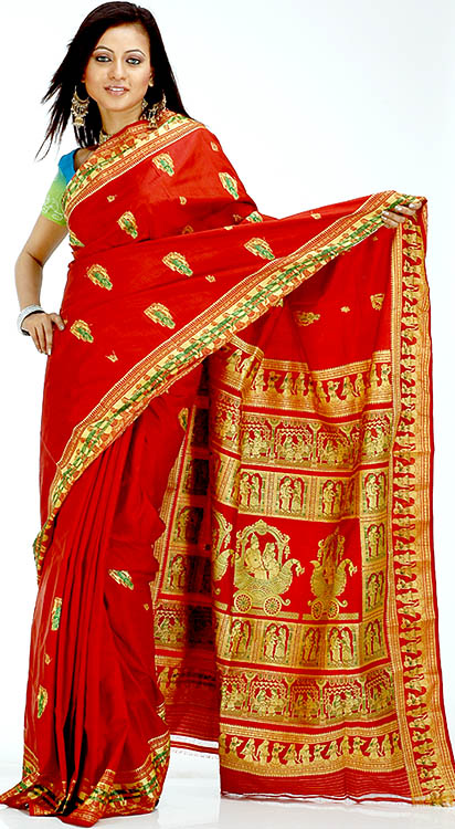 Burgundy Baluchari Sari Depicting an Indian Wedding