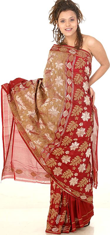 Burgundy Bridal Jamdani Floral Sari from Banaras with All-Over Jute and Zari Weave