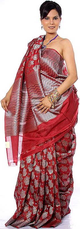 Burgundy Designer Sari from Banaras with Woven Flowers All-Over