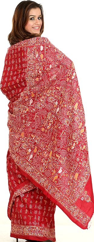 Burgundy Kantha Sari with Hand-Embroidered Figures Inspired by Warli Art