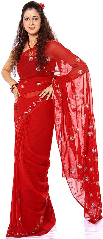 Burgundy Sari with Sequins Embroidered as Flowers