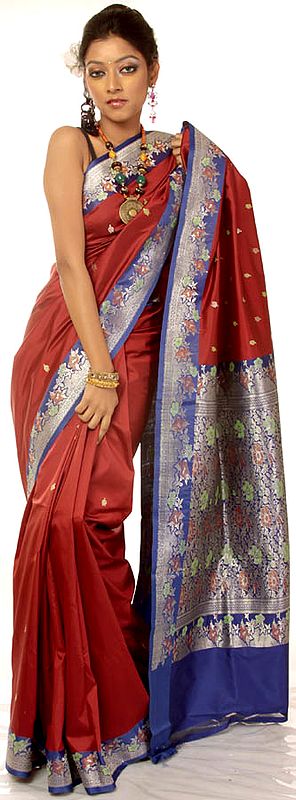 Burgundy Valkalam Sari with Floral Brocaded Border and Anchal