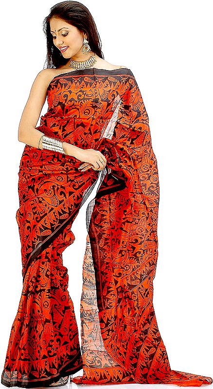 Burnt Orange and Black Sari with Modern Print
