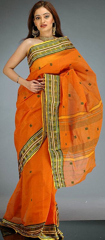 Burnt Orange Bengal Cotton Sari with Bootis and Green Border