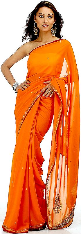 Burnt Orange Sari with Beads and Mirrors