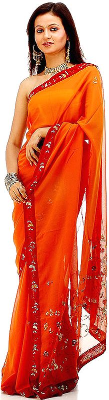 Burnt Orange Sari with Threadwork and Sequins