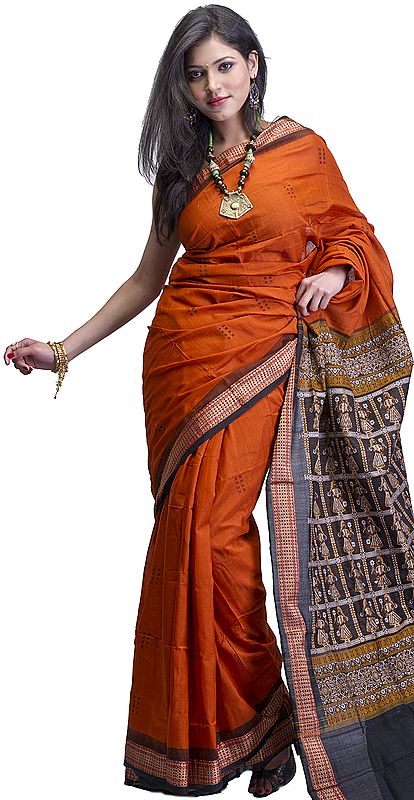Burnt-Orange Bomkai Handloom Sari from Orissa with Woven Ladies