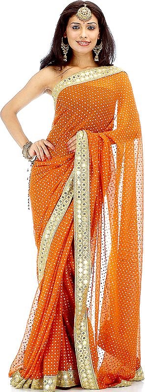 Burnt-Orange Sari with All-Over Painted Bootis in Gold and Silver