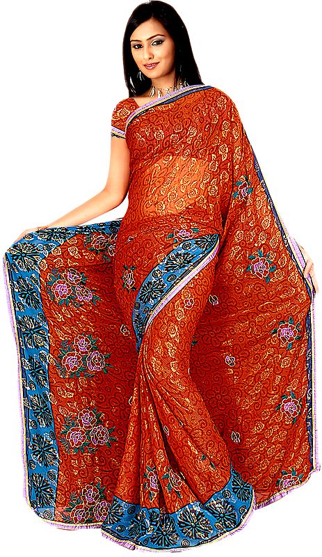 Burnt-Orange Sari with Self Weave and Crewel Embroidered Flowers