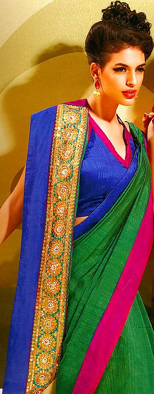 Cadmium-Green and Royal Blue Designer Sari with Metallic Thread Embroidered Patch Border